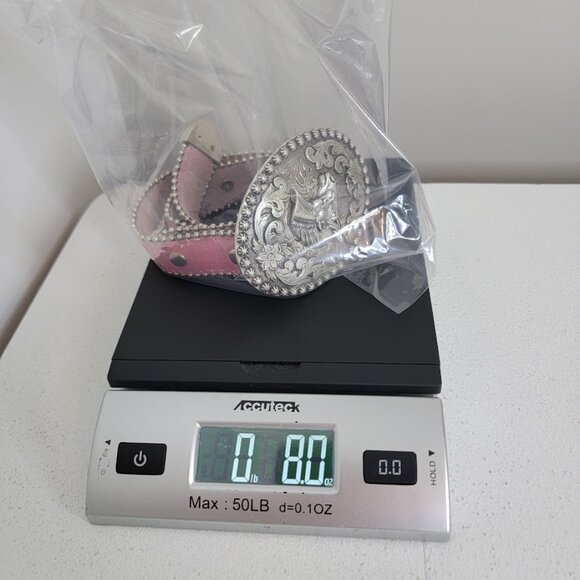 Nocona Girls Pink Leather Cowgirl Belt Sz 22 Horse Foal Silver Oval Belt Western - Picture 12 of 12